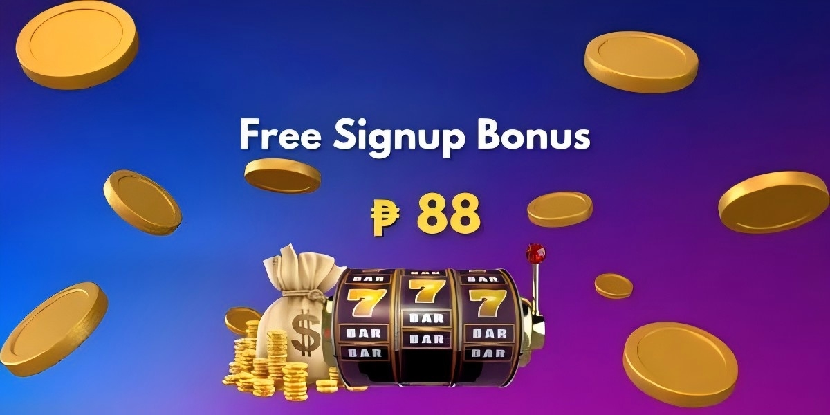 Free signup bonus banner with a triple-seven slot machine, a money bag and gold coins on table game 1